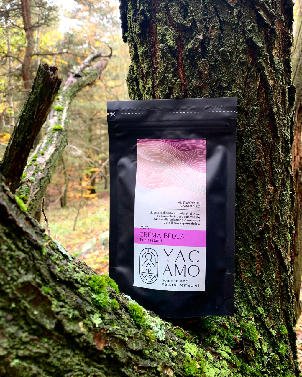 Tè Nero Caramello Crema Belga Yacamo Sfondo Alberi Confezione 50 gr